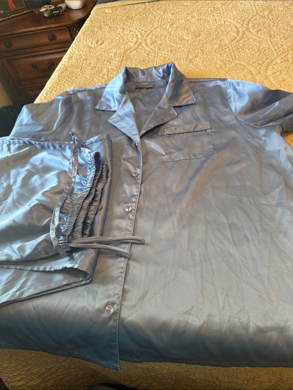 Valerie Stevens women’s Satin Button-Down pajamas in Light Blue